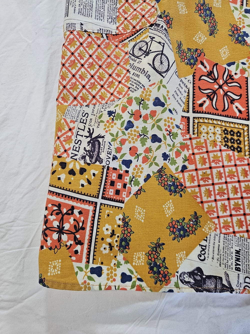 Women's 70s Patchwork Newspaper Print Tunic Top Apron Jacket in Mustard & Orange - Picture 5 of 14